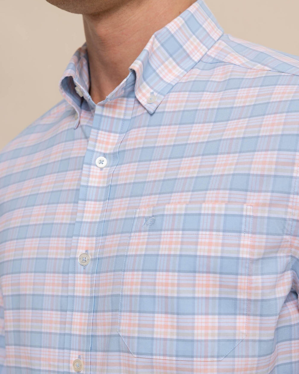 The detail view of the Southern Tide Coastal Passage Brockman Plaid Long Sleeve SportShirt by Southern Tide - Clearwater Blue