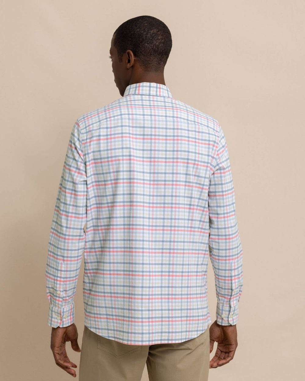 The back view of the Southern Tide Coastal Passage Pelham Gingham Long Sleeve Sport Shirt by Southern Tide - Geranium Pink