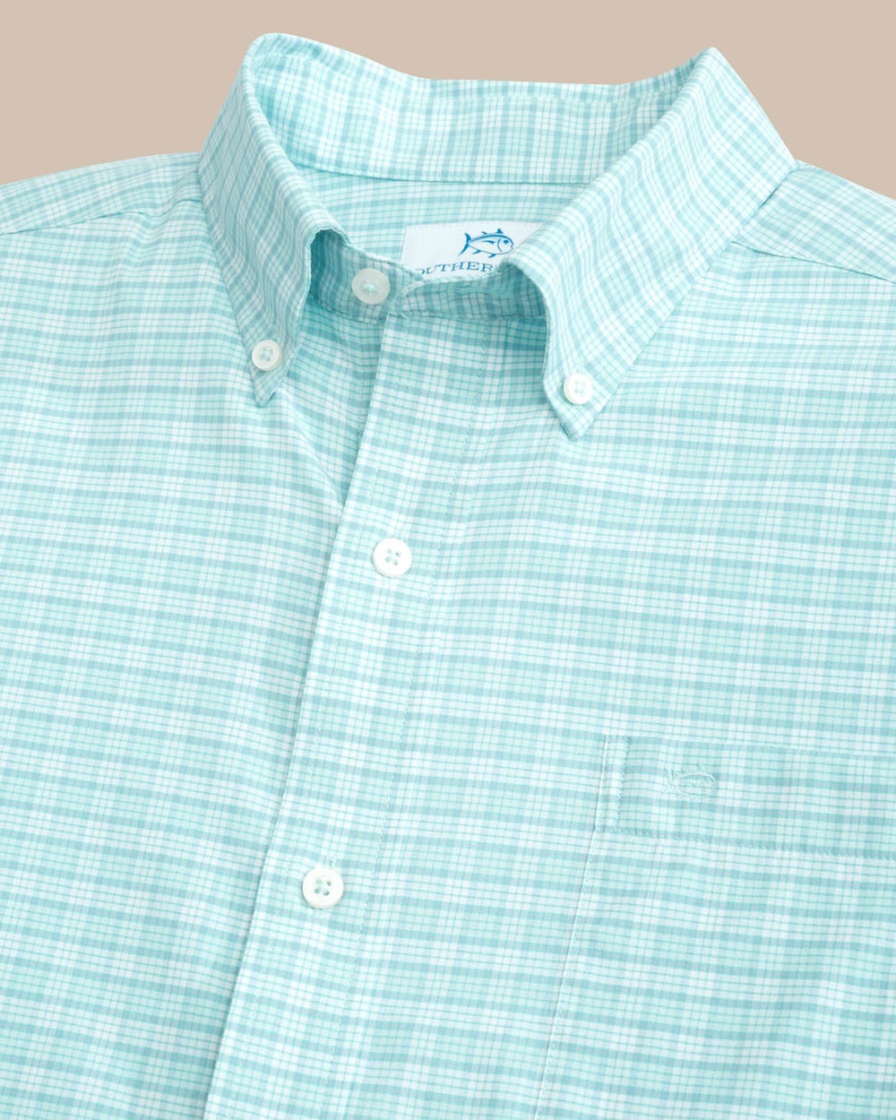 The detail view of the Southern Tide Coastal Passage Trailside Plaid Long Sleeve Sport Shirt by Southern Tide - Wake Blue