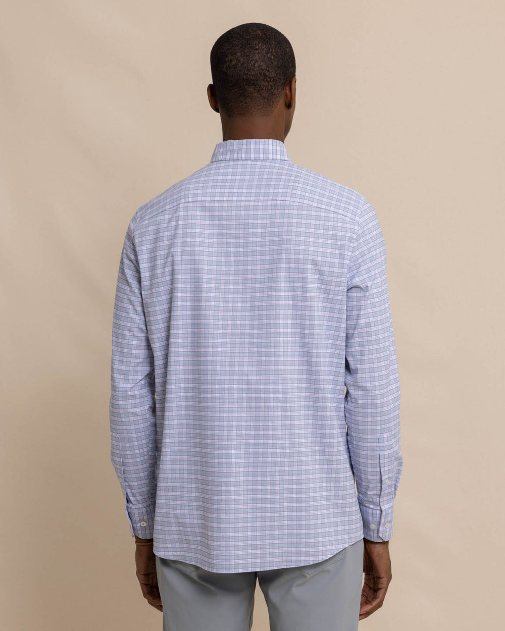The back view of the Southern Tide Coastal Passage Trailside Plaid Long Sleeve SportShirt by Southern Tide - Subdued Blue