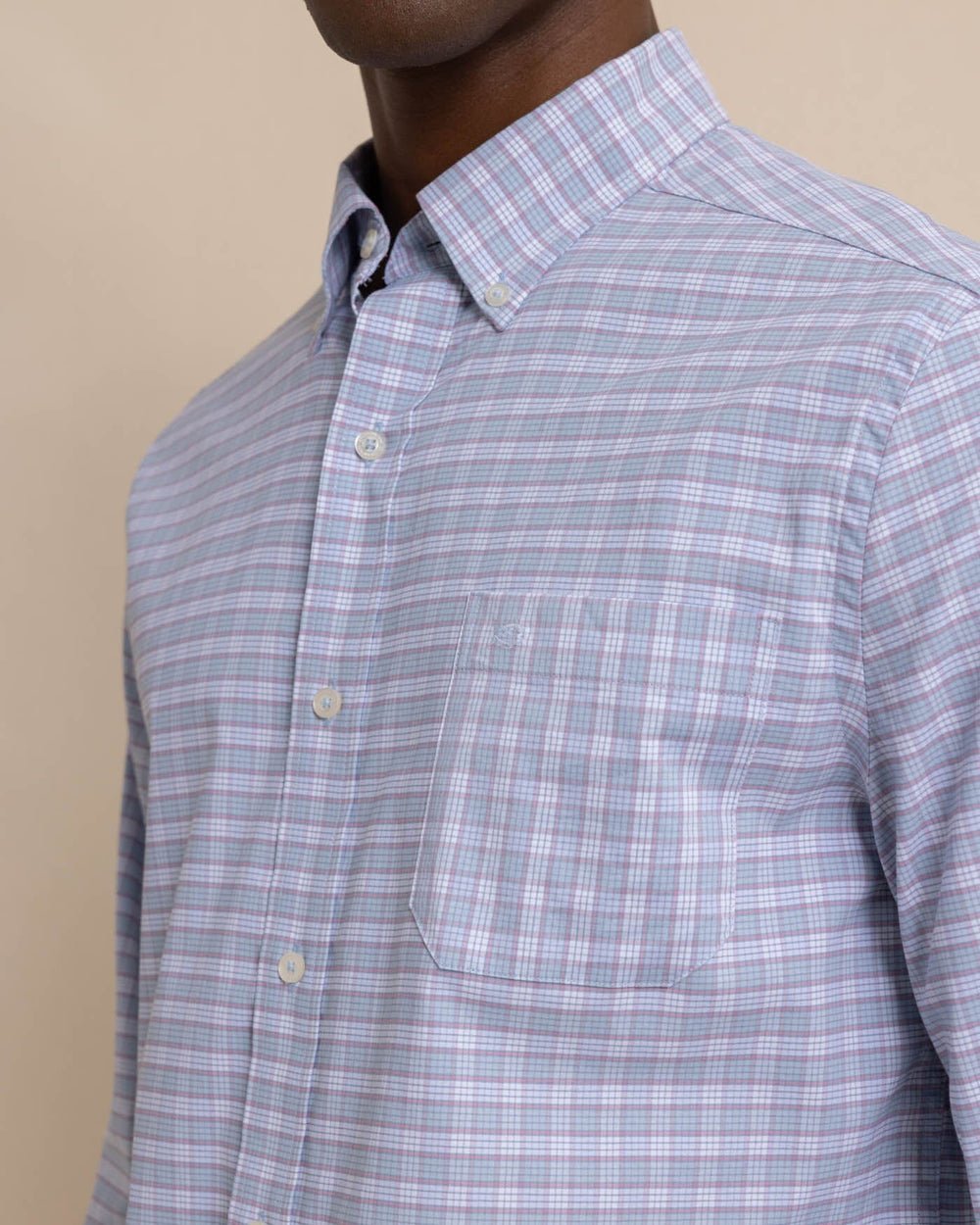 The detail view of the Southern Tide Coastal Passage Trailside Plaid Long Sleeve SportShirt by Southern Tide - Subdued Blue