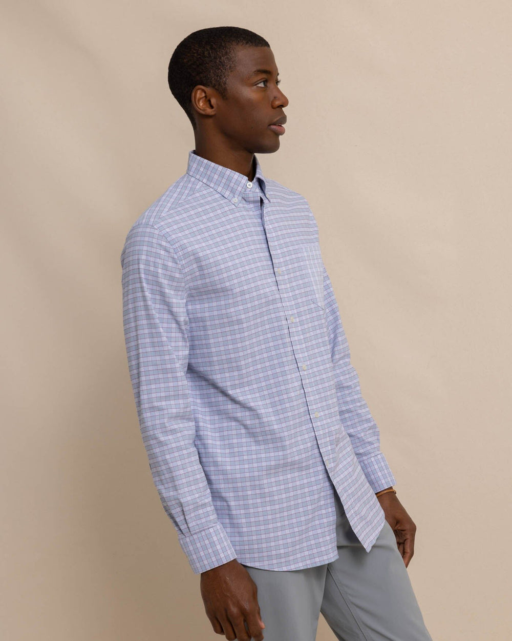 The front view of the Southern Tide Coastal Passage Trailside Plaid Long Sleeve SportShirt by Southern Tide - Subdued Blue