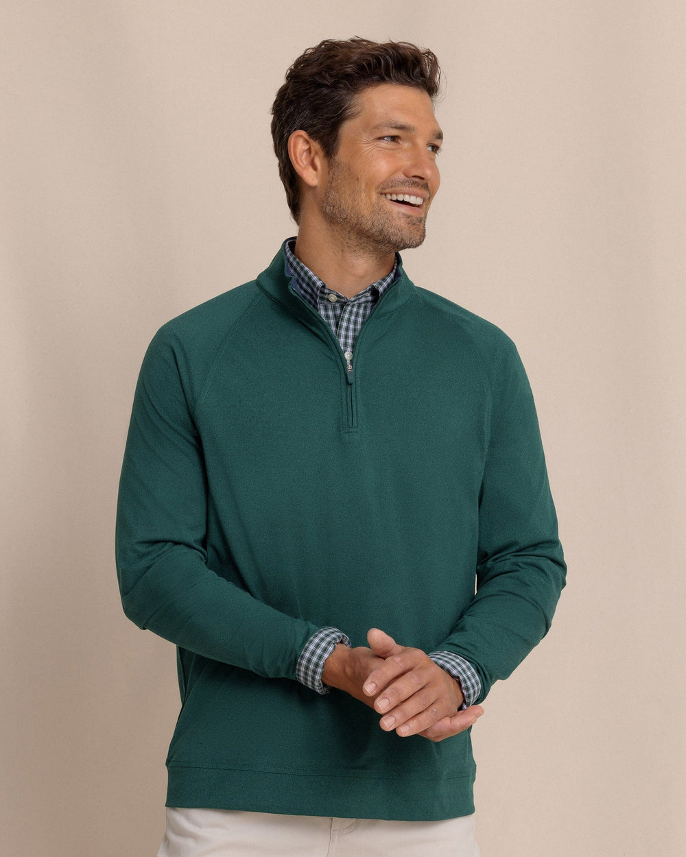 The front view of the Southern Tide Cruiser Heather Quarter Zip Pullover by Southern Tide - Heather Salt Meadow