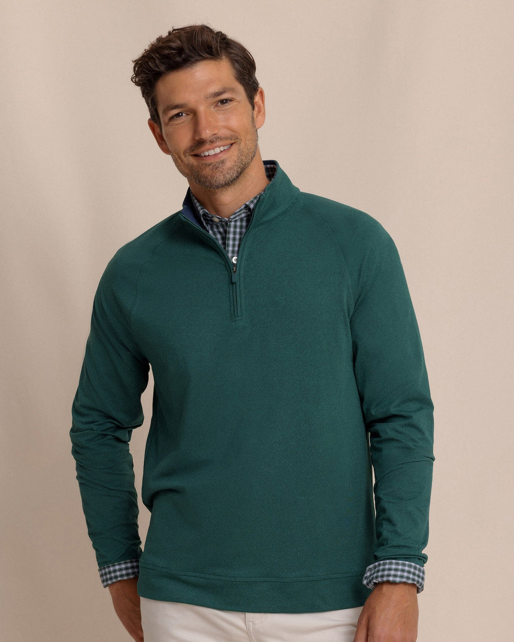 The front view of the Southern Tide Cruiser Heather Quarter Zip Pullover by Southern Tide - Heather Salt Meadow