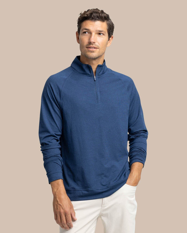 The front view of the Southern Tide Cruiser Heather Quarter Zip Pullover by Southern Tide - Heather Dress Blue
