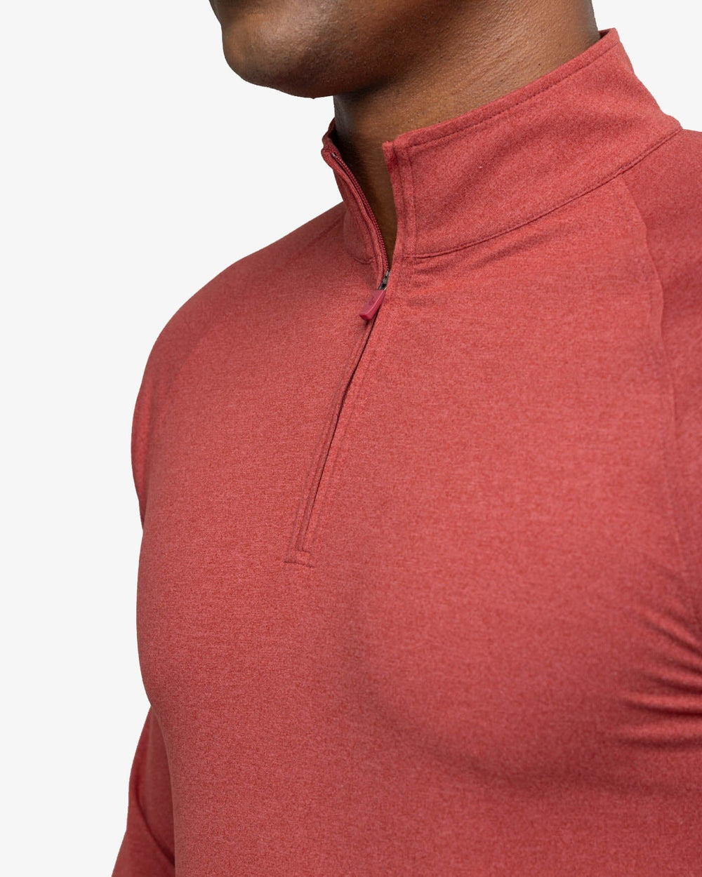 The detail view of the Southern Tide Cruiser Heather Quarter Zip Pullover by Southern Tide - Heather Tuscany Red