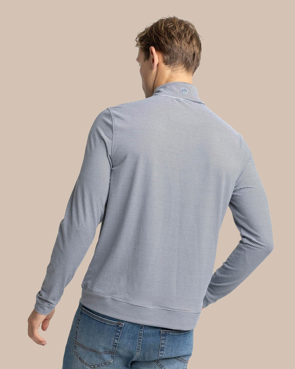 The back view of the Southern Tide Cruiser Micro-Stripe Heather Quarter Zip by Southern Tide - Heather Black
