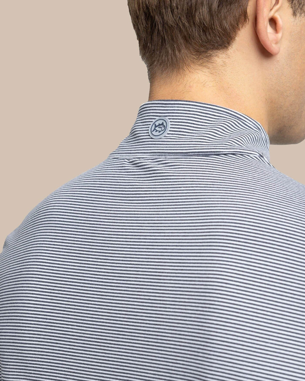 The yoke view of the Southern Tide Cruiser Micro-Stripe Heather Quarter Zip by Southern Tide - Heather Black