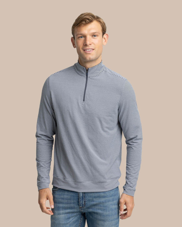 The front view of the Southern Tide Cruiser Micro-Stripe Heather Quarter Zip by Southern Tide - Heather Black