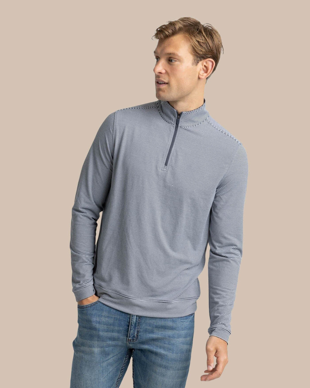 The second front view of the Southern Tide Cruiser Micro-Stripe Heather Quarter Zip by Southern Tide - Heather Black