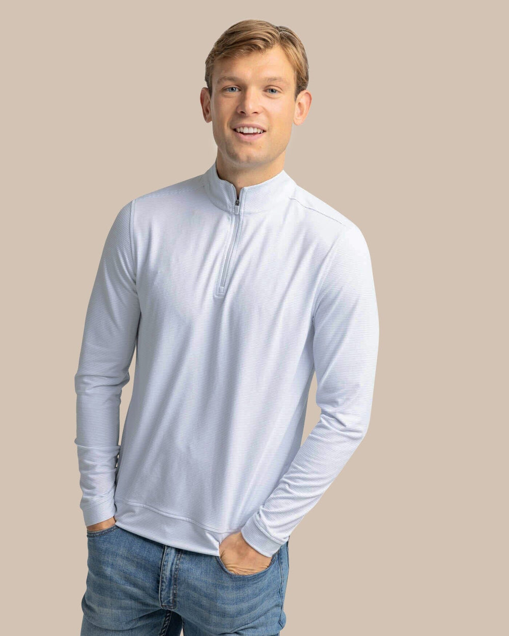 The front view of the Southern Tide Cruiser Micro-Stripe Heather Quarter Zip by Southern Tide - Heather Slate Grey