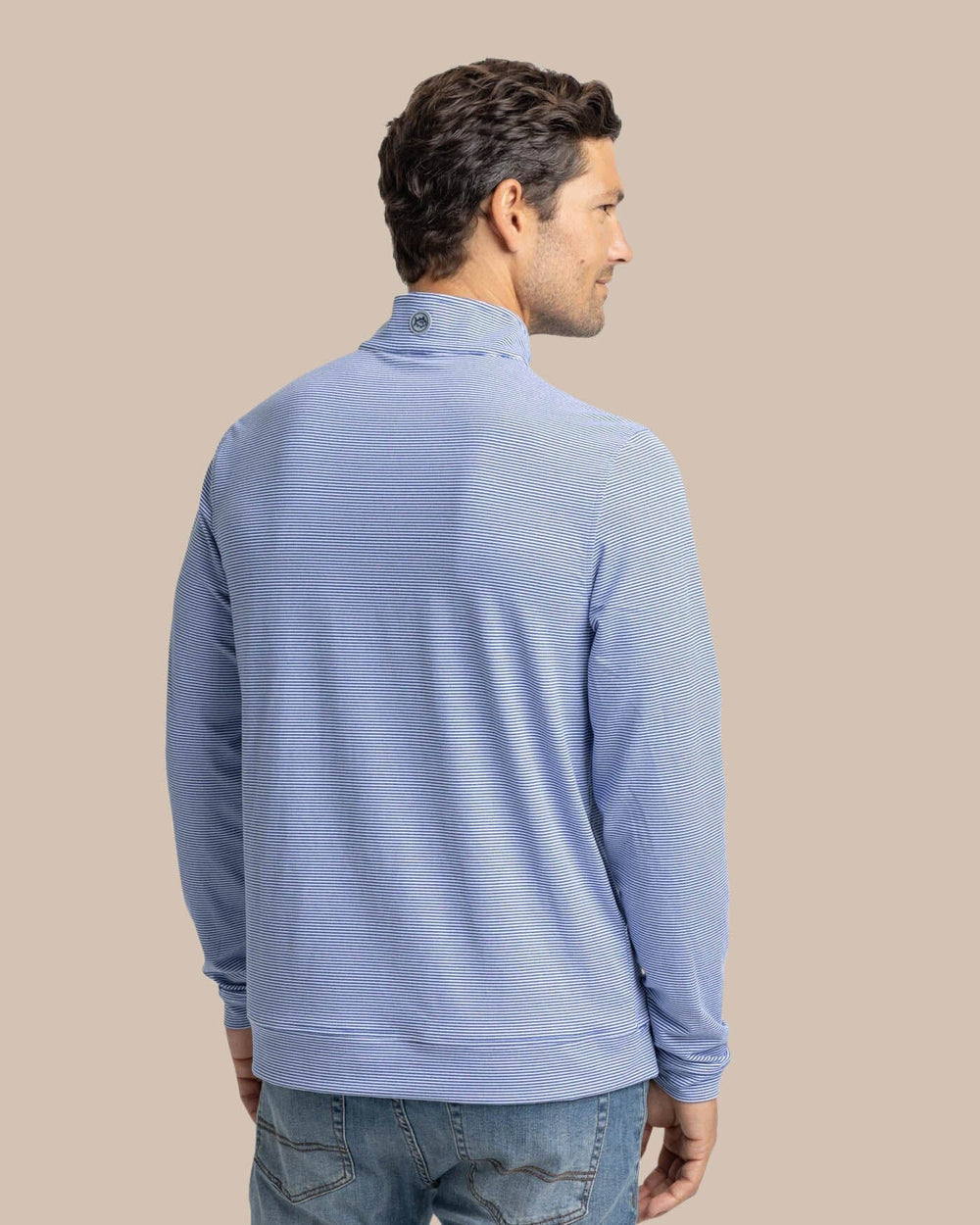 The back view of the Southern Tide Cruiser Micro-Stripe Heather Quarter Zip by Southern Tide - Heather University Blue