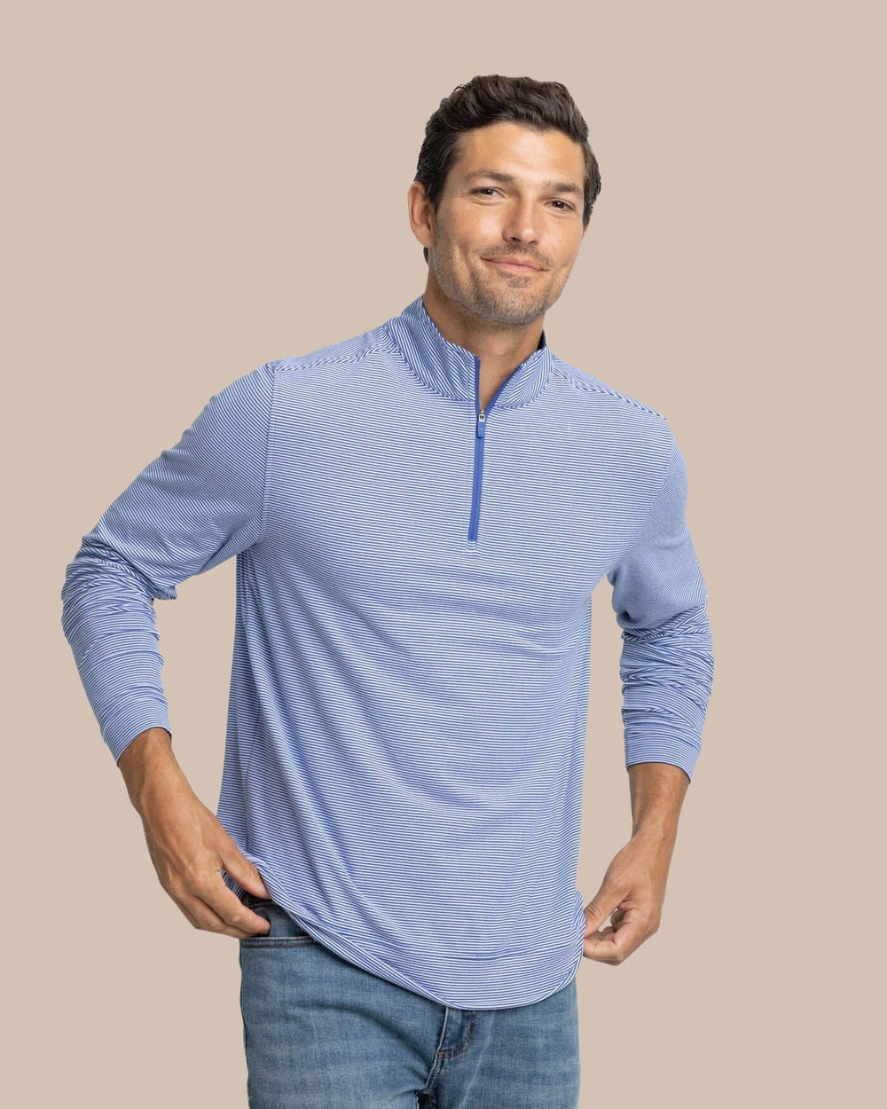 The front view of the Southern Tide Cruiser Micro-Stripe Heather Quarter Zip by Southern Tide - Heather University Blue