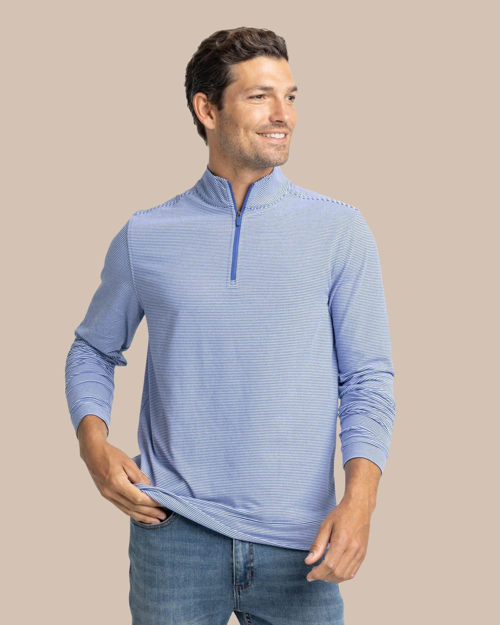 The front view of the Southern Tide Cruiser Micro-Stripe Heather Quarter Zip by Southern Tide - Heather University Blue