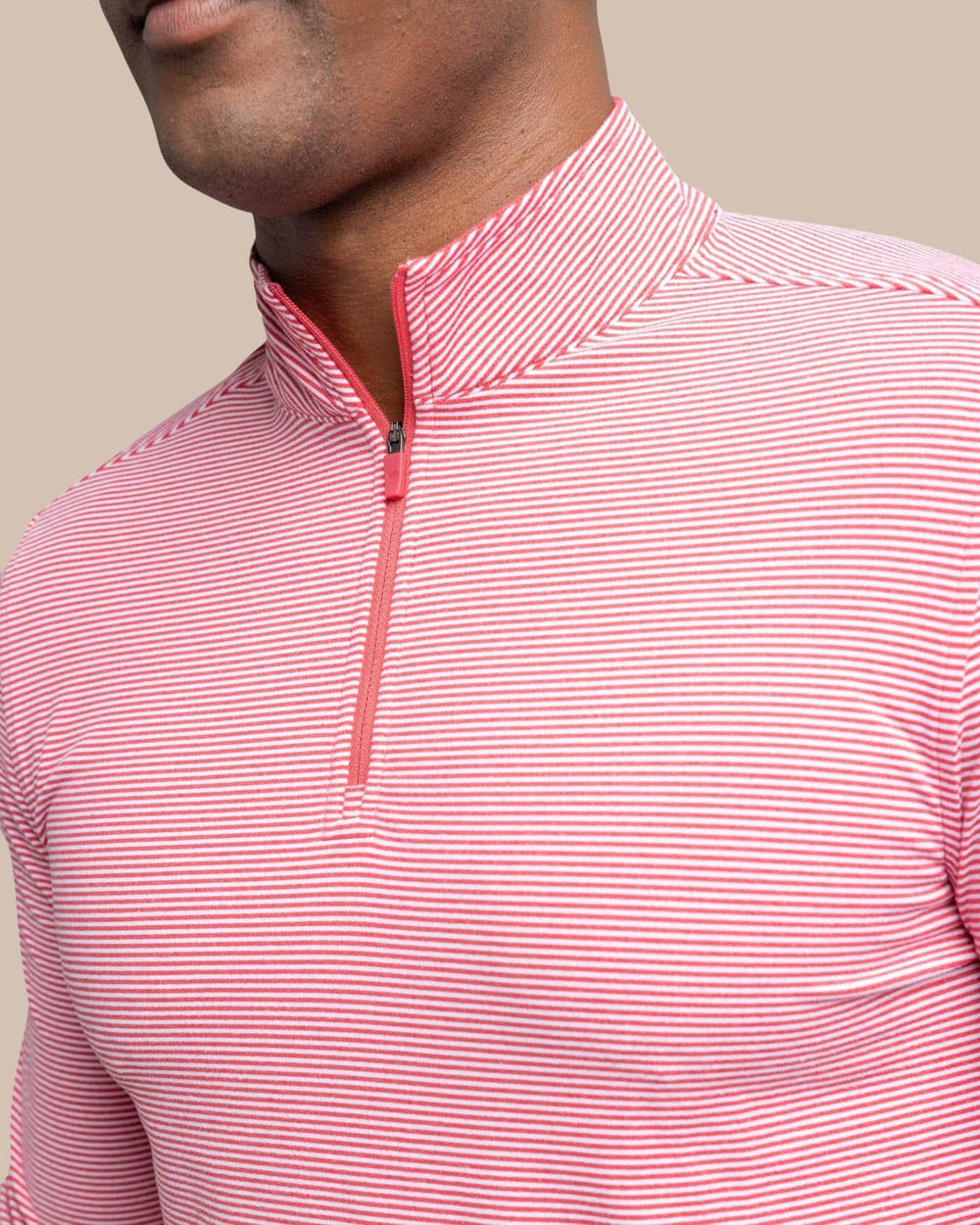 The detail view of the Southern Tide Cruiser Micro-Stripe Heather Quarter Zip by Southern Tide - Heather Varsity Red