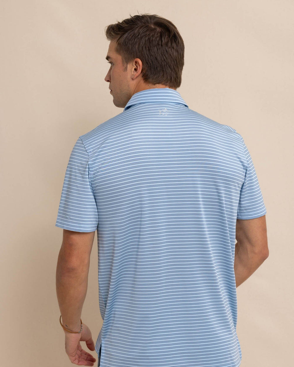 The back view of the Southern Tide Driver Baywoods Stripe Polo by Southern Tide - Clearwater Blue