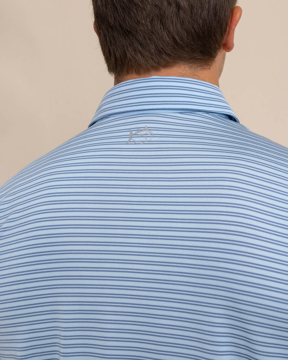 The detail view of the Southern Tide Driver Baywoods Stripe Polo by Southern Tide - Clearwater Blue