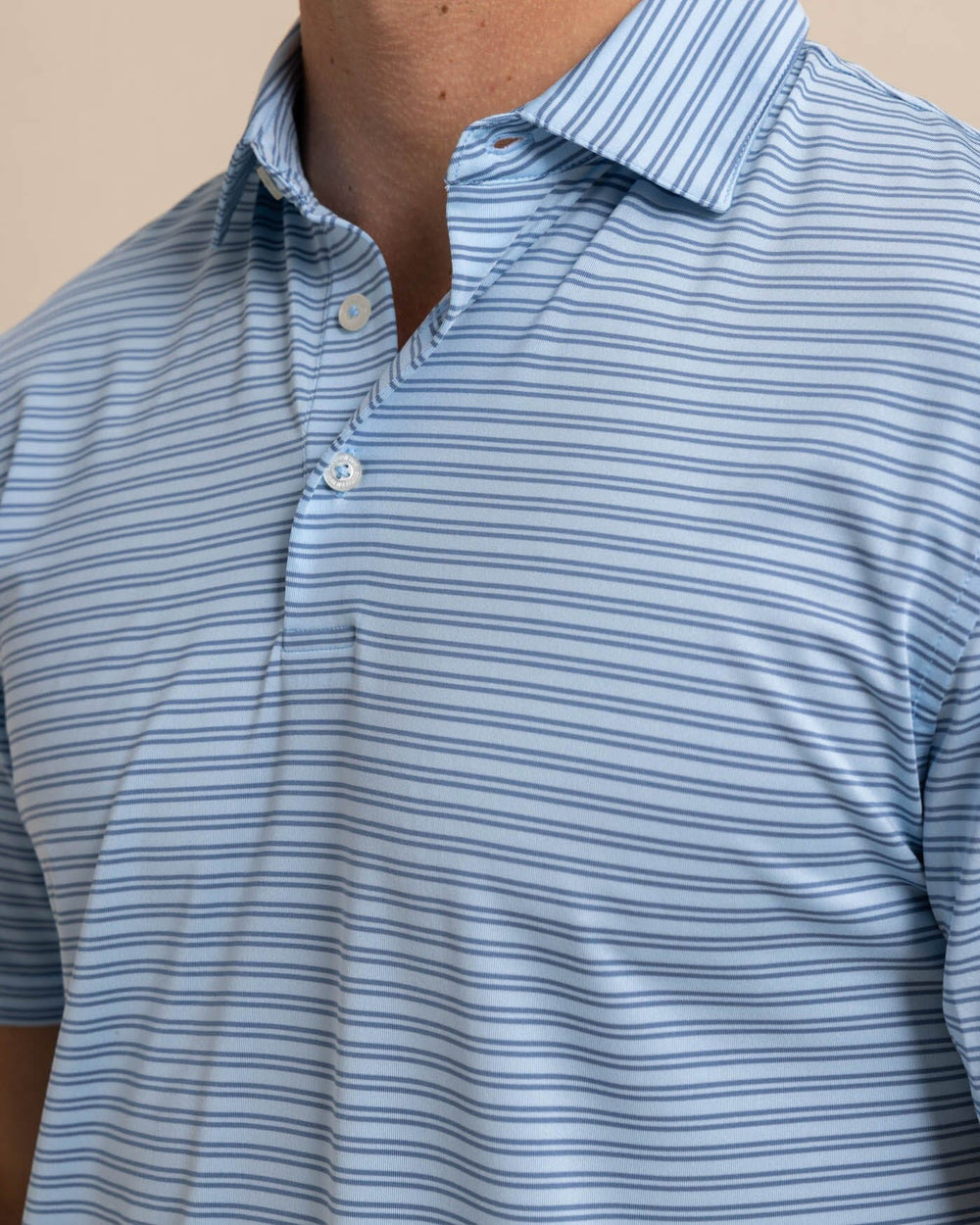 The detail view of the Southern Tide Driver Baywoods Stripe Polo by Southern Tide - Clearwater Blue