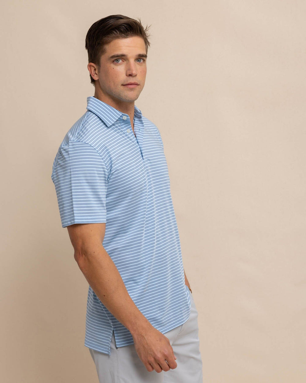 The front view of the Southern Tide Driver Baywoods Stripe Polo by Southern Tide - Clearwater Blue