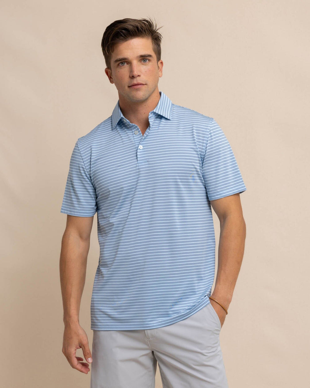 The front view of the Southern Tide Driver Baywoods Stripe Polo by Southern Tide - Clearwater Blue