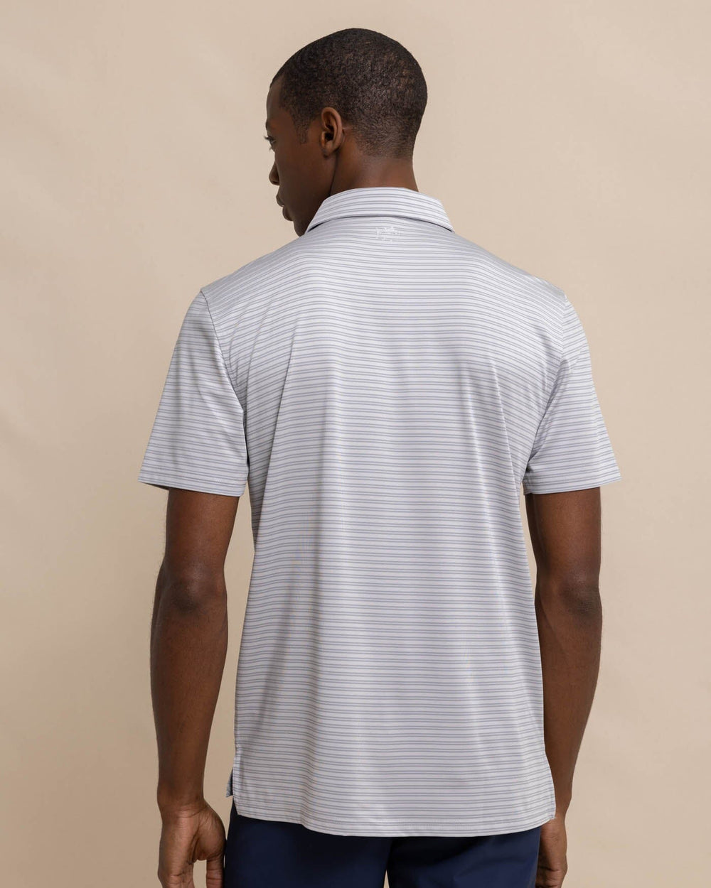 The back view of the Southern Tide Driver Baywoods Stripe Polo by Southern Tide - Platinum Grey