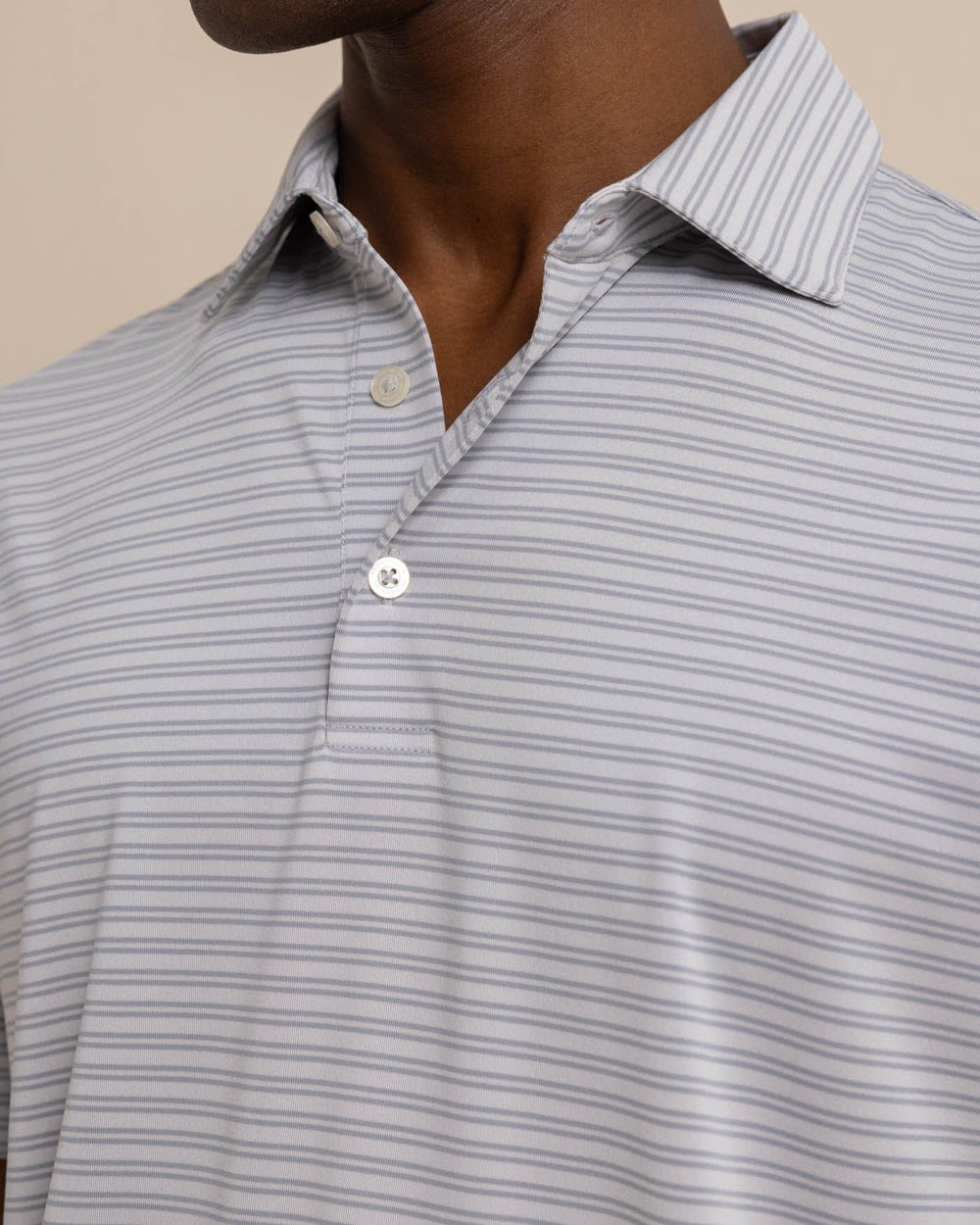 The detail view of the Southern Tide Driver Baywoods Stripe Polo by Southern Tide - Platinum Grey