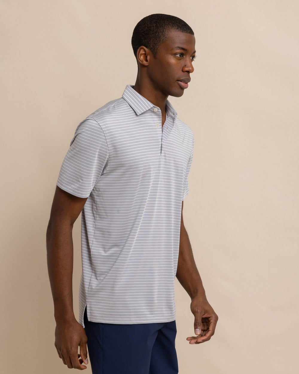 The front view of the Southern Tide Driver Baywoods Stripe Polo by Southern Tide - Platinum Grey