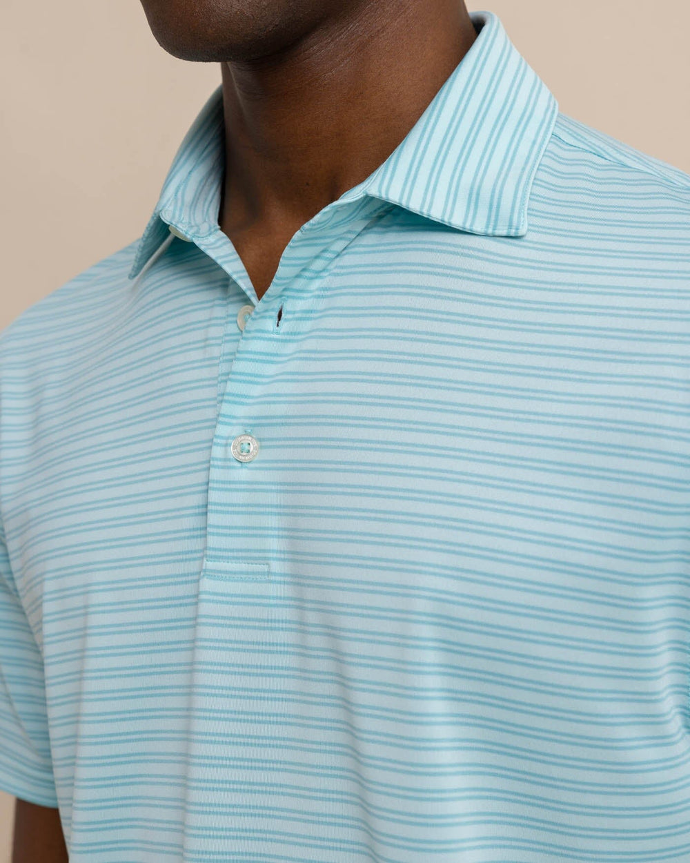 The detail view of the Southern Tide Driver Baywoods Stripe Polo by Southern Tide - Wake Blue