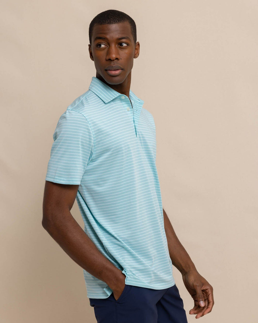 The front view of the Southern Tide Driver Baywoods Stripe Polo by Southern Tide - Wake Blue