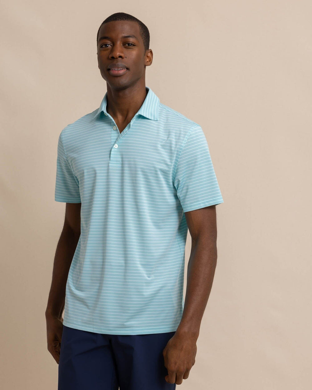 The front view of the Southern Tide Driver Baywoods Stripe Polo by Southern Tide - Wake Blue
