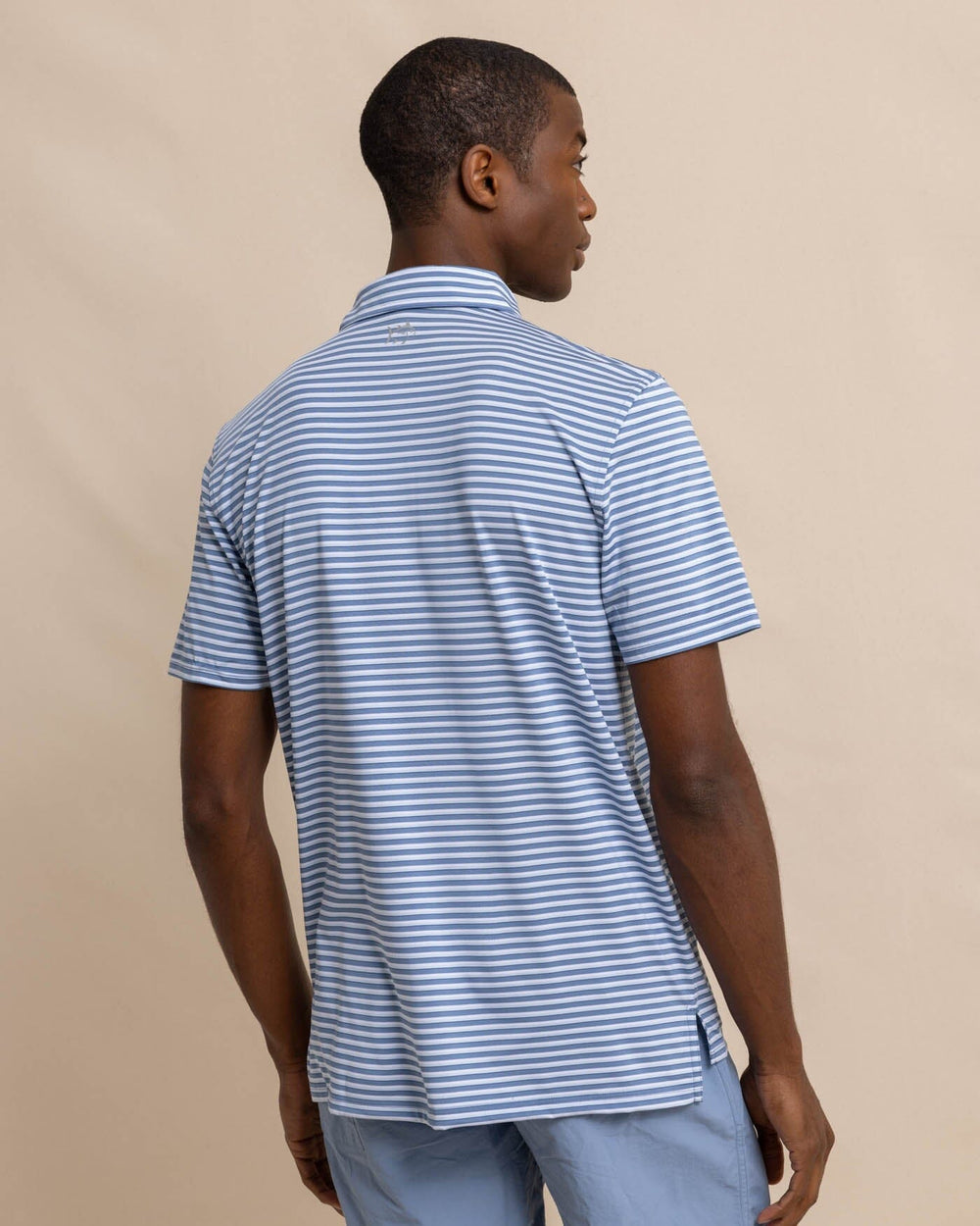 The back view of the Southern Tide Driver Carova Stripe Polo Shirt by Southern Tide - Coronet Blue