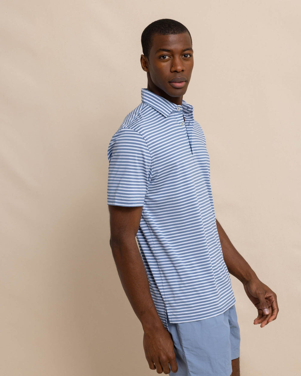 The front view of the Southern Tide Driver Carova Stripe Polo Shirt by Southern Tide - Coronet Blue