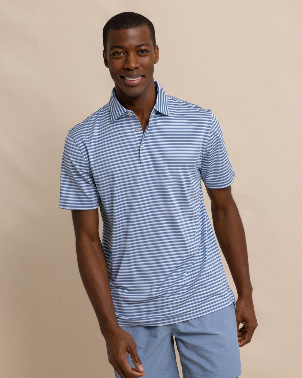 The front view of the Southern Tide Driver Carova Stripe Polo Shirt by Southern Tide - Coronet Blue