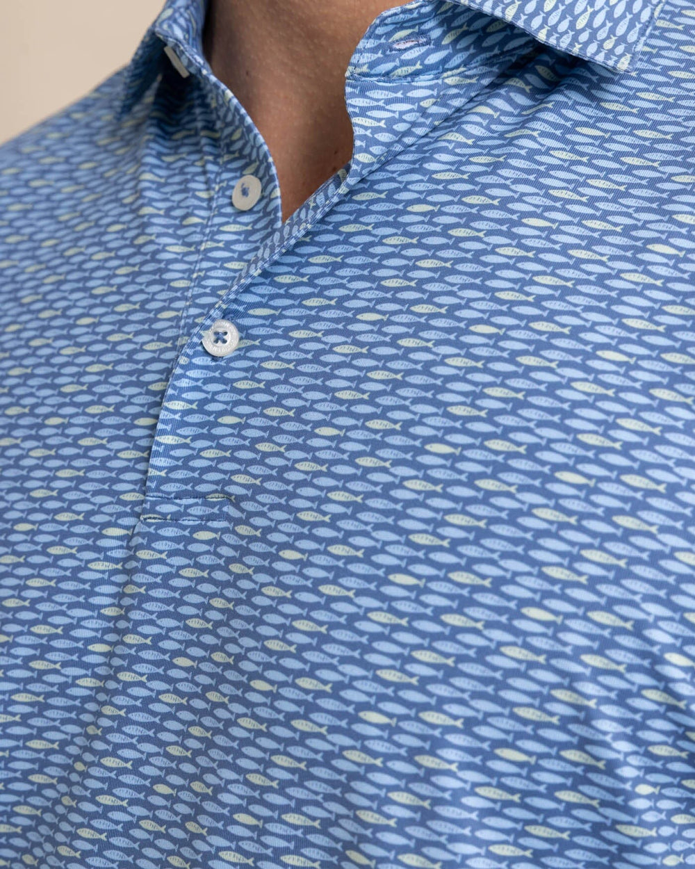 The detail view of the Southern Tide Driver Casual Water Printed Polo by Southern Tide - Coronet Blue