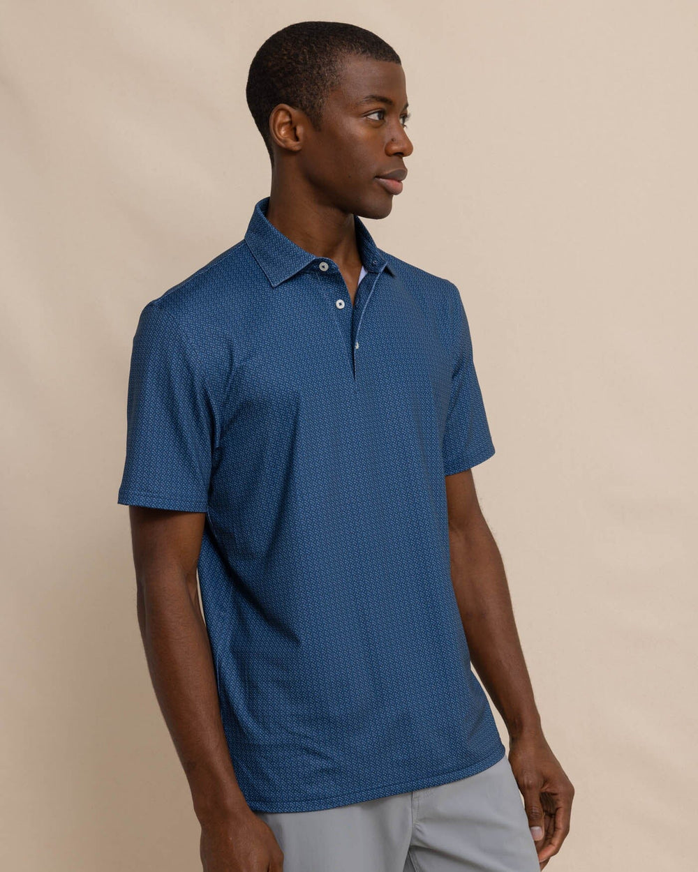 The front view of the Southern Tide Driver Clubbin It Printed Polo by Southern Tide - Aged Denim