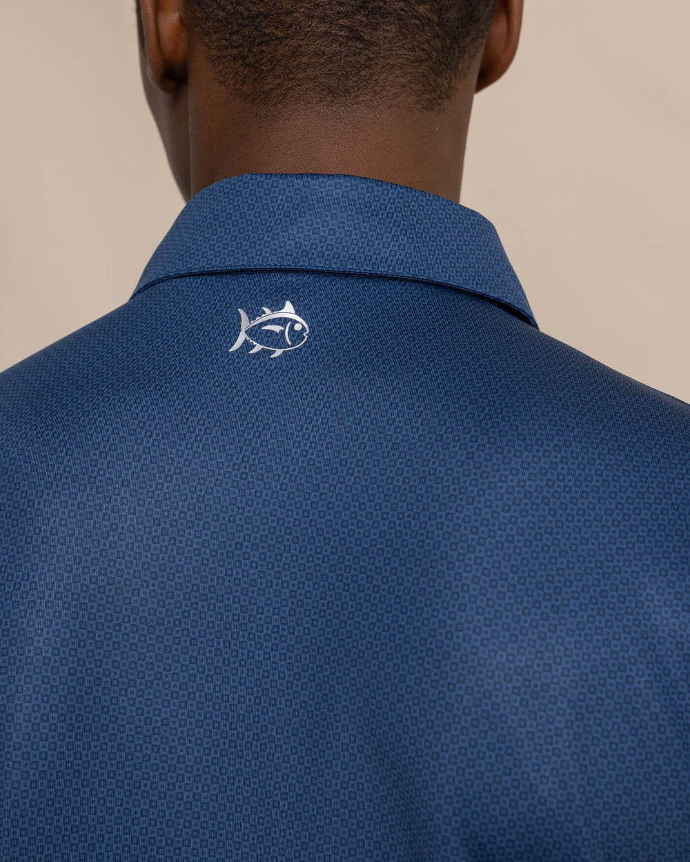 The detail view of the Southern Tide Driver Coastal Geo Polo Shirt by Southern Tide - Dress Blue