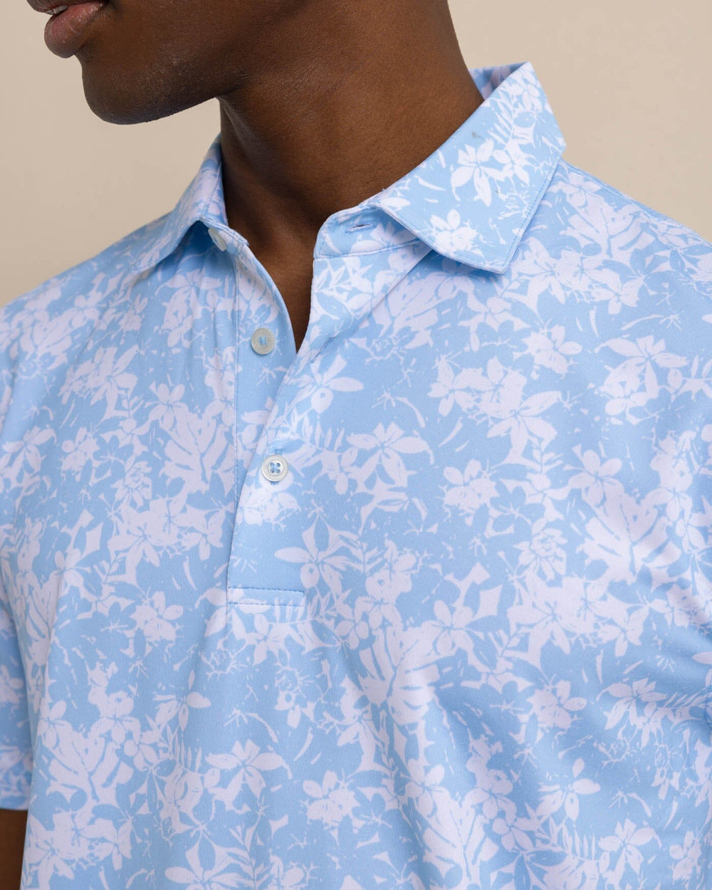The detail view of the Southern Tide Driver Island Blooms Printed Polo by Southern Tide - Clearwater Blue