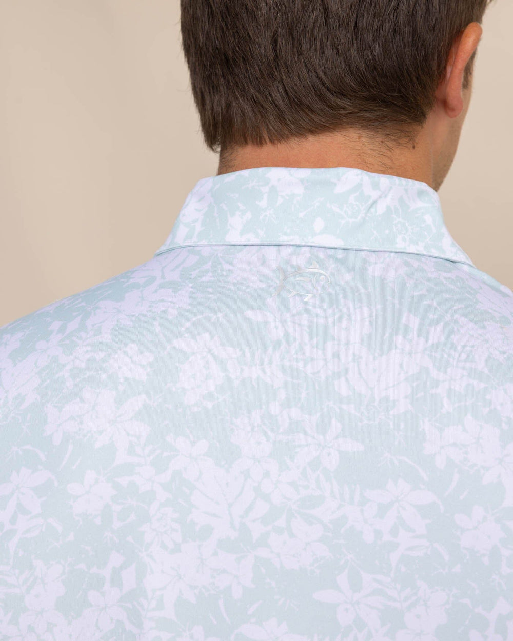 The detail view of the Southern Tide Driver Island Blooms Printed Polo by Southern Tide - Surf Spray Sage