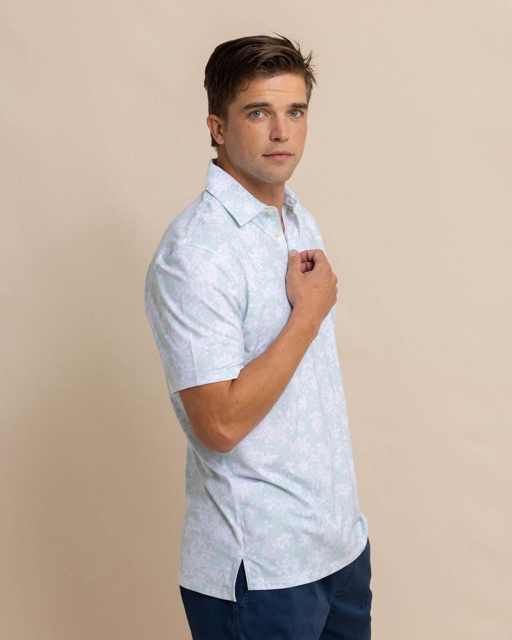 The front view of the Southern Tide Driver Island Blooms Printed Polo by Southern Tide - Surf Spray Sage