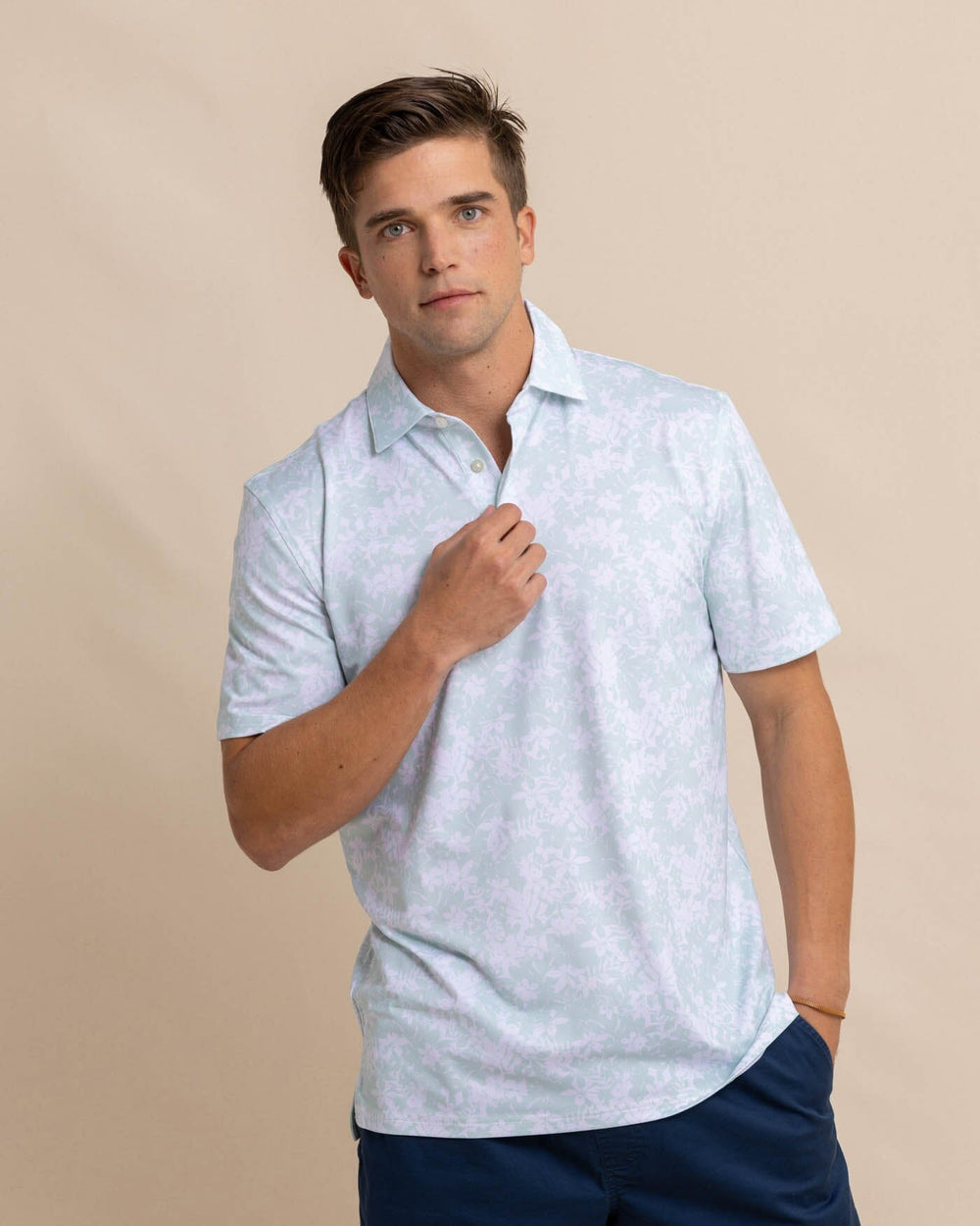 The front view of the Southern Tide Driver Island Blooms Printed Polo by Southern Tide - Surf Spray Sage