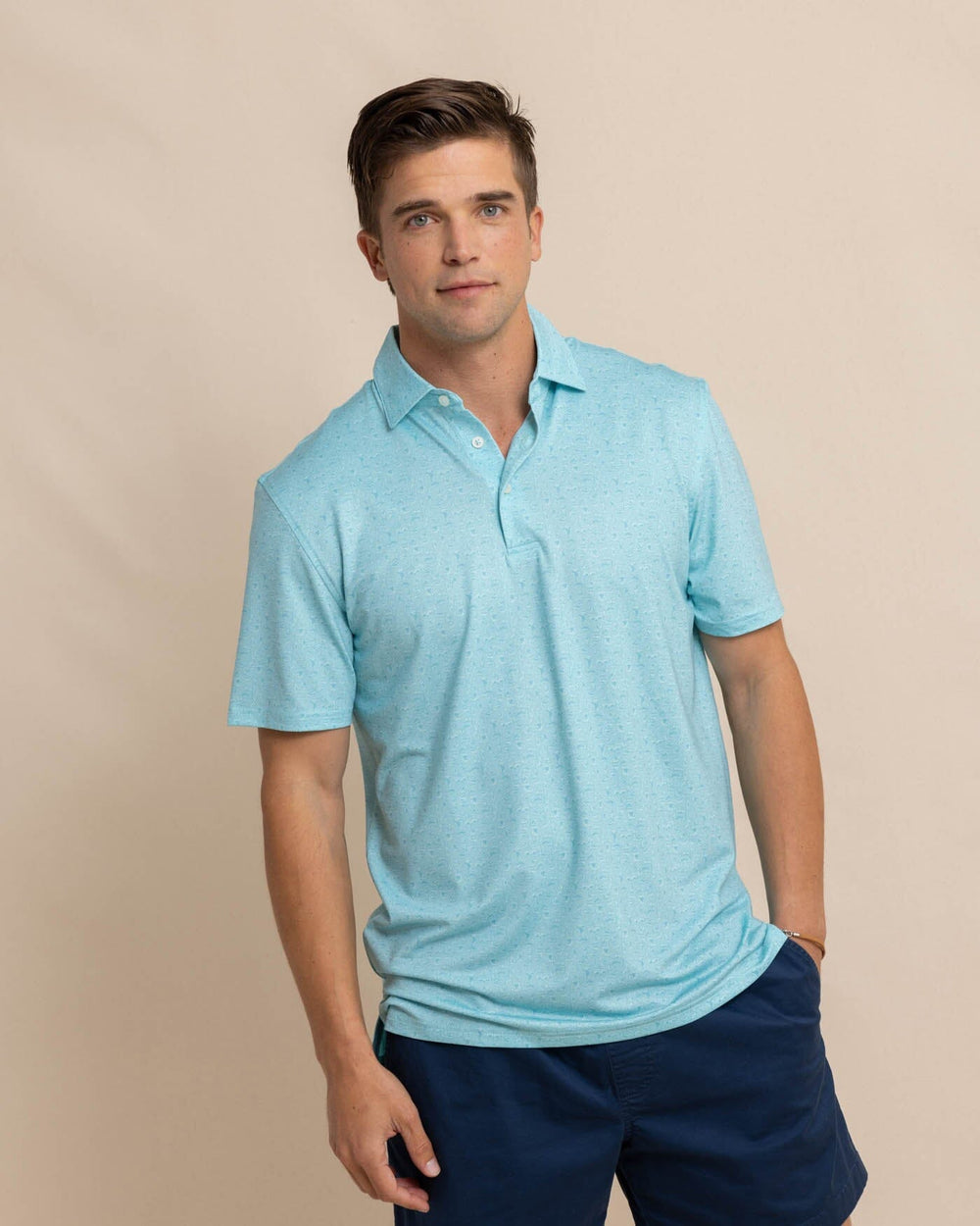 The front view of the Southern Tide Driver Let's Go Clubbing Printed Polo by Southern Tide - Ocean Aqua