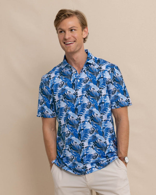 The front view of the Southern Tide Driver Paradise Palms Polo Shirt by Southern Tide - Classic White