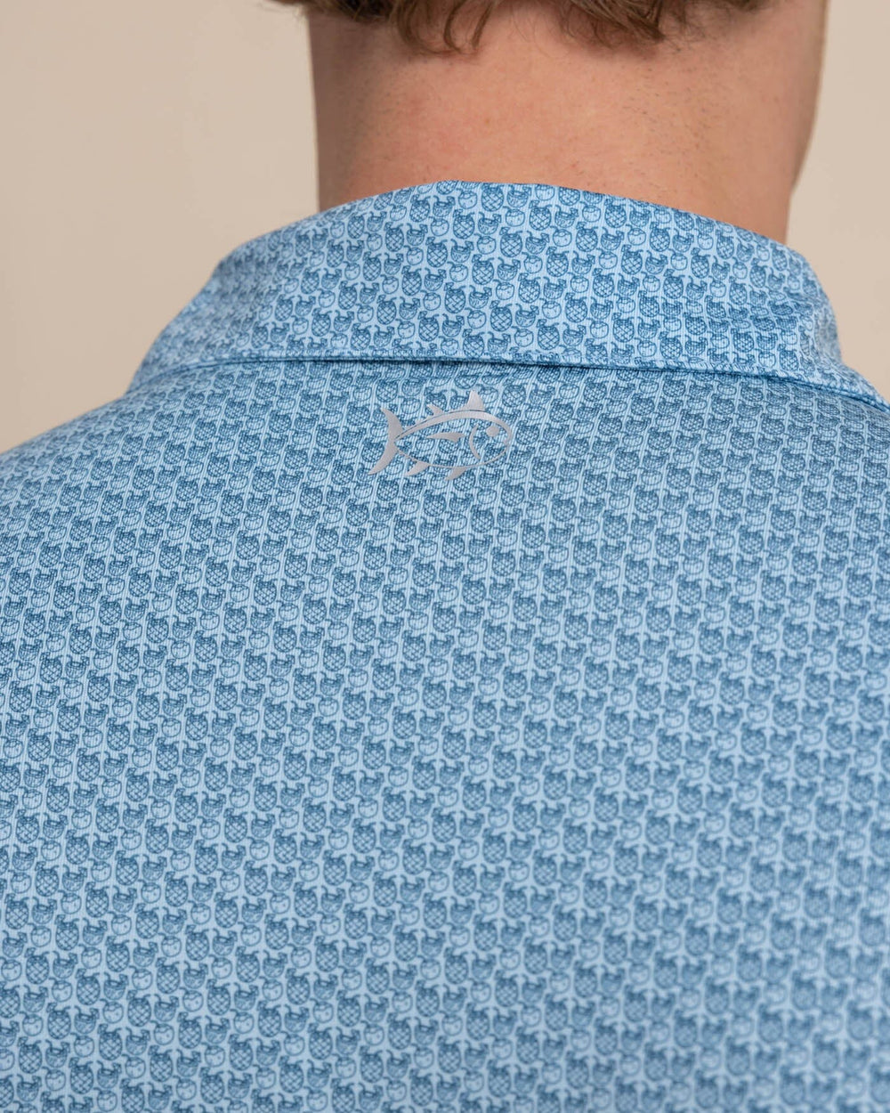 The detail view of the Southern Tide Driver Vacation Views Printed Polo by Southern Tide - Clearwater Blue