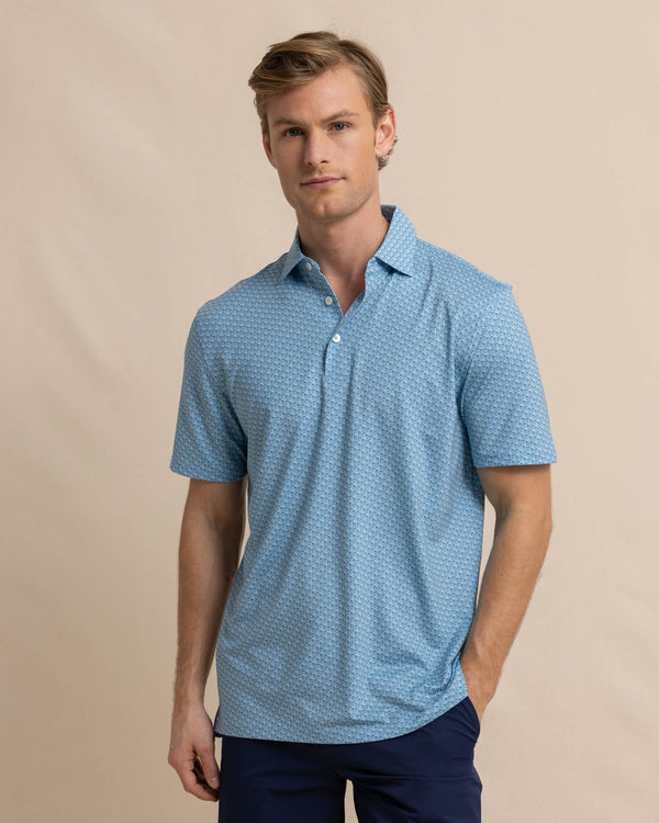 The front view of the Southern Tide Driver Vacation Views Printed Polo by Southern Tide - Clearwater Blue