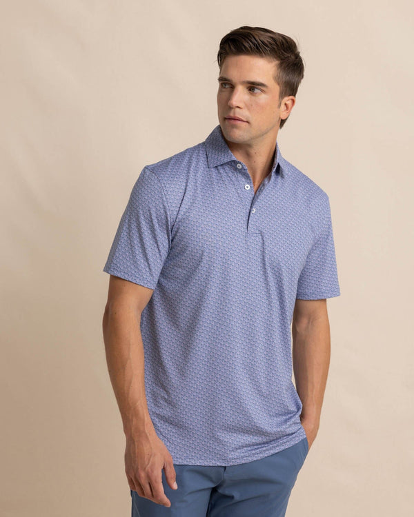 The front view of the Southern Tide Driver Vacation Views Printed Polo by Southern Tide - Wisteria Purple