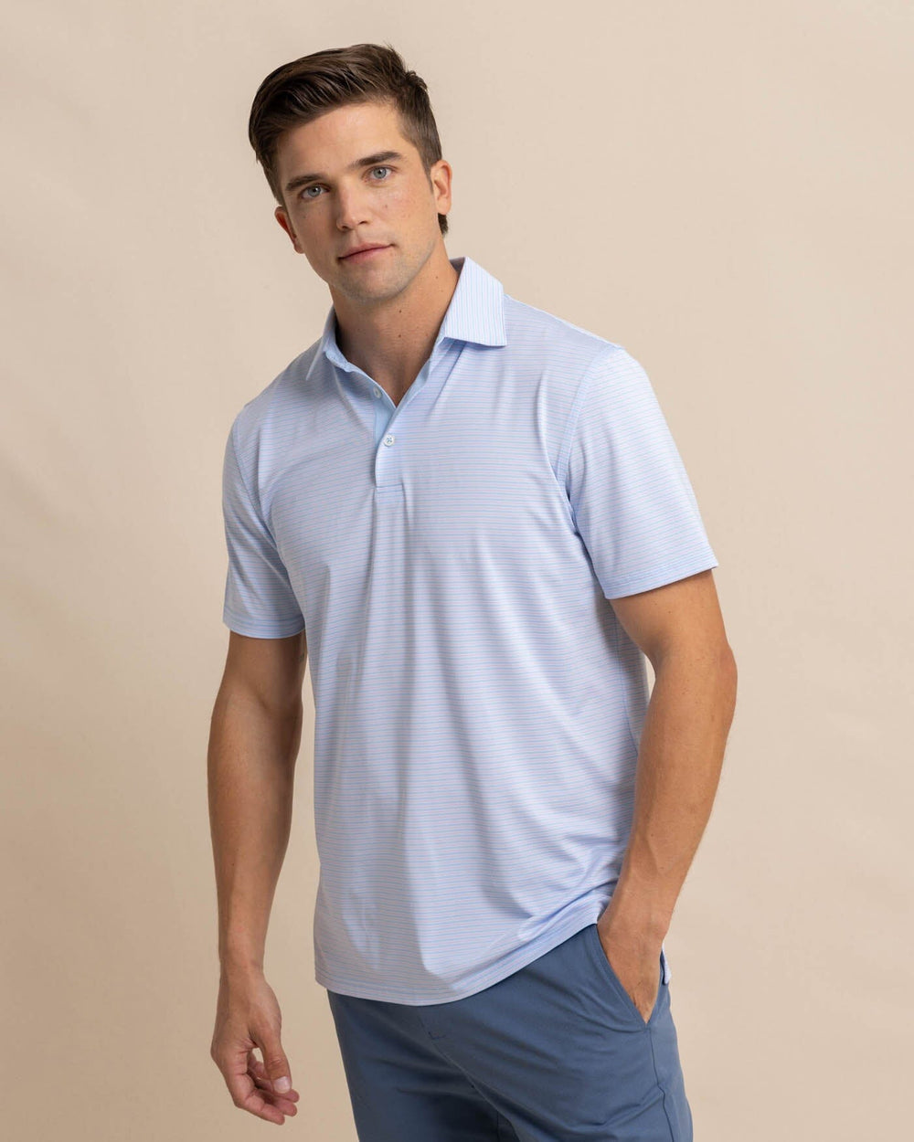 The front view of the Southern Tide Driver Verdae Stripe Polo by Southern Tide - Orchid Petal