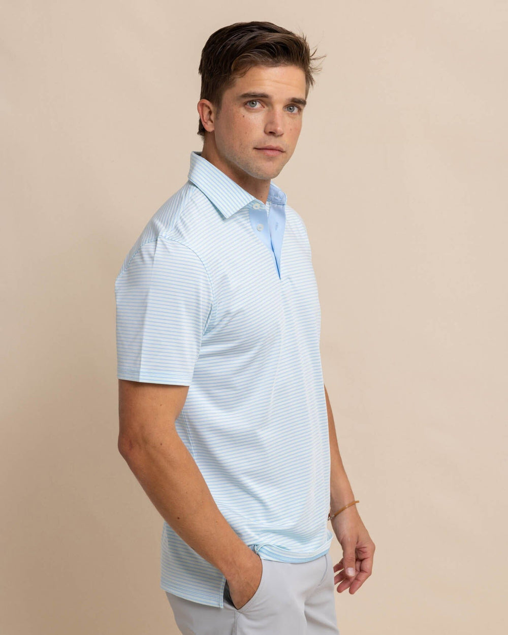 The front view of the Southern Tide Driver Verdae Stripe Polo by Southern Tide - Seacrest Green