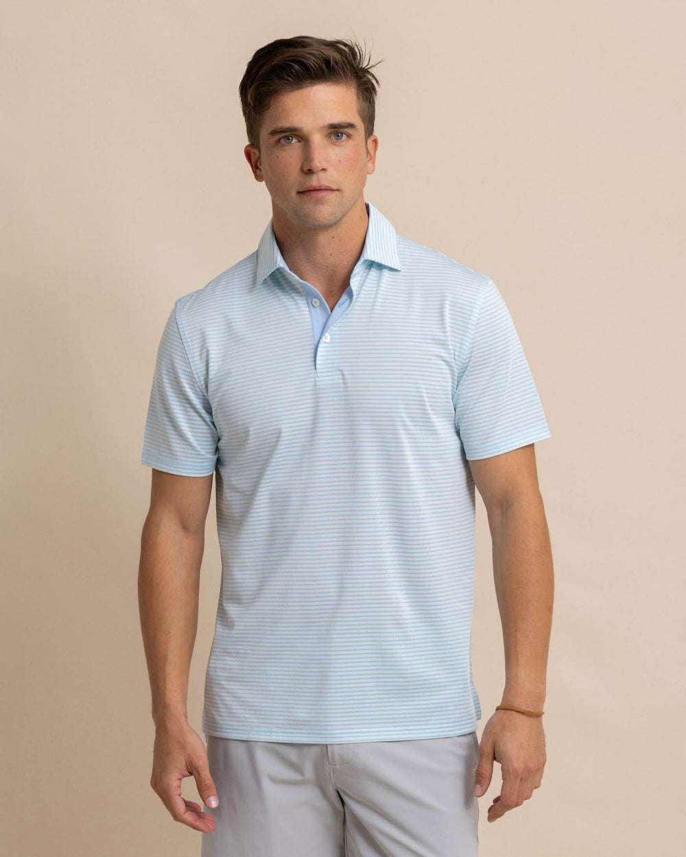 The front view of the Southern Tide Driver Verdae Stripe Polo by Southern Tide - Seacrest Green