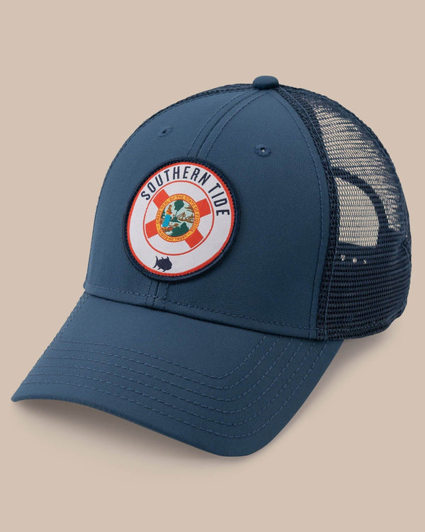 The front view of the Men's Florida Patch Performance Trucker Hat by Southern Tide - Seven Seas Blue