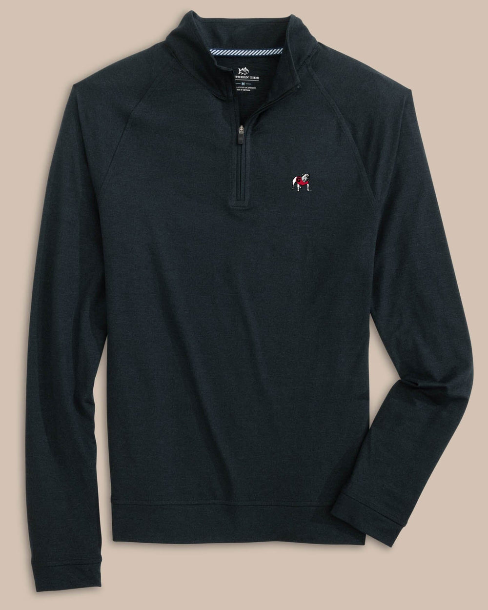 The front view of the Georgia Bulldogs Cruiser Heather Quarter Zip Pullover by Southern Tide - Heather Caviar Black